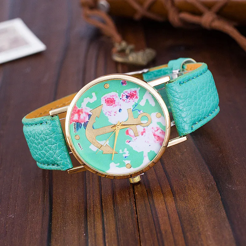 Fashion Leather Anchor Watch For Women Quartz Watches Reloj Mujer Ladies Flower Watches