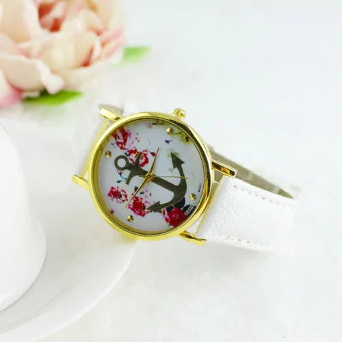 Fashion Leather Anchor Watch For Women Quartz Watches Reloj Mujer Ladies Flower Watches