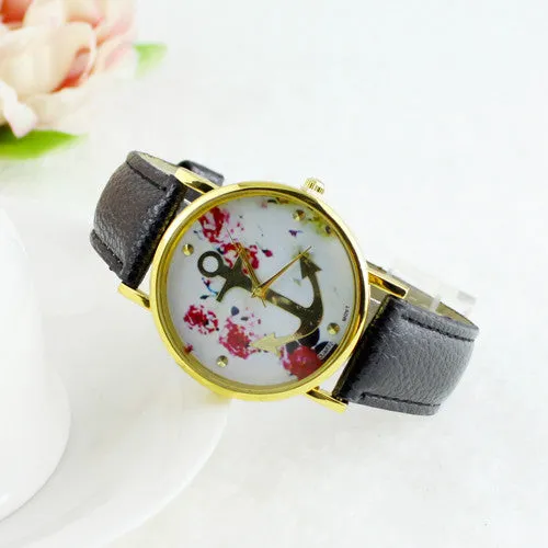 Fashion Leather Anchor Watch For Women Quartz Watches Reloj Mujer Ladies Flower Watches