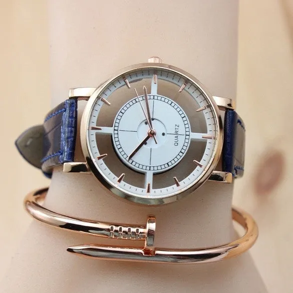 Fashion Transparent Women Embossed Leather Band Anchor Quartz Wrist Watch