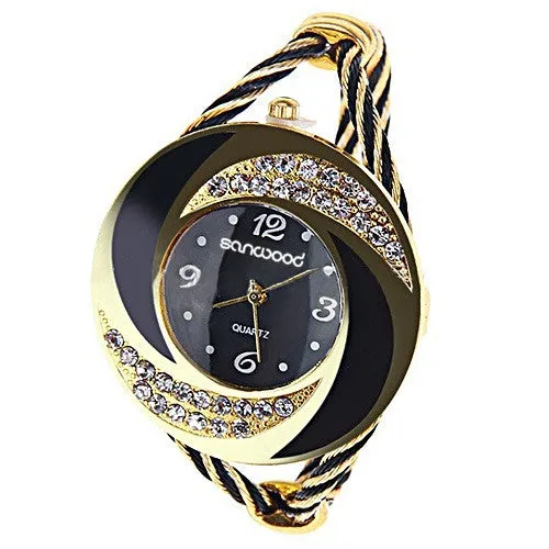 Fashion Women Rhinestone Round Crystal Decorated Bangle Cuff Analog Quartz Bracelet Dress Watch