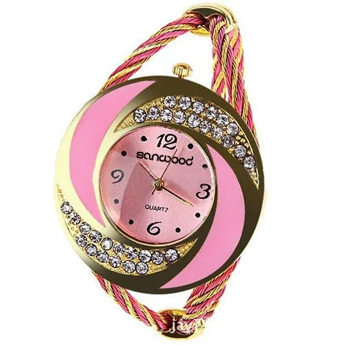 Fashion Women Rhinestone Round Crystal Decorated Bangle Cuff Analog Quartz Bracelet Dress Watch