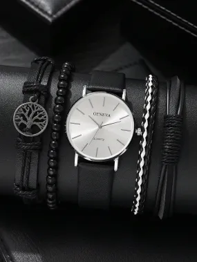 Fashionable Casual Business Sport Pu Leather Quartz Watches 5pcs Men's Watch Set,