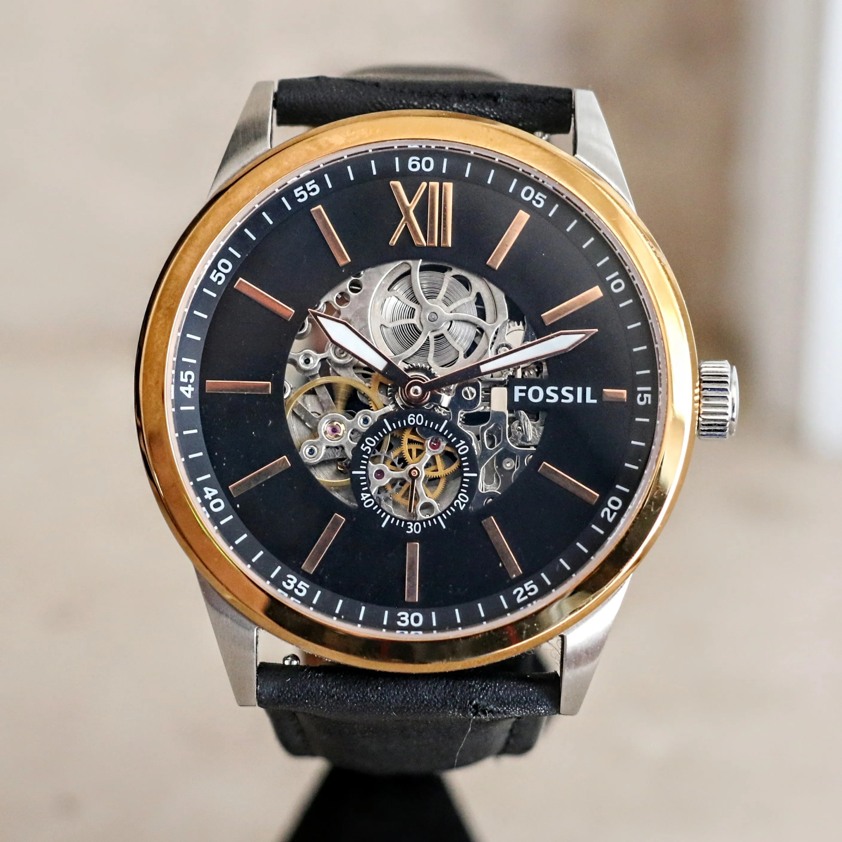 FOSSIL FLYNN Automatic Watch 22 Jewels 48mm Semi Skeleton Wristwatch Ref. BQ2216