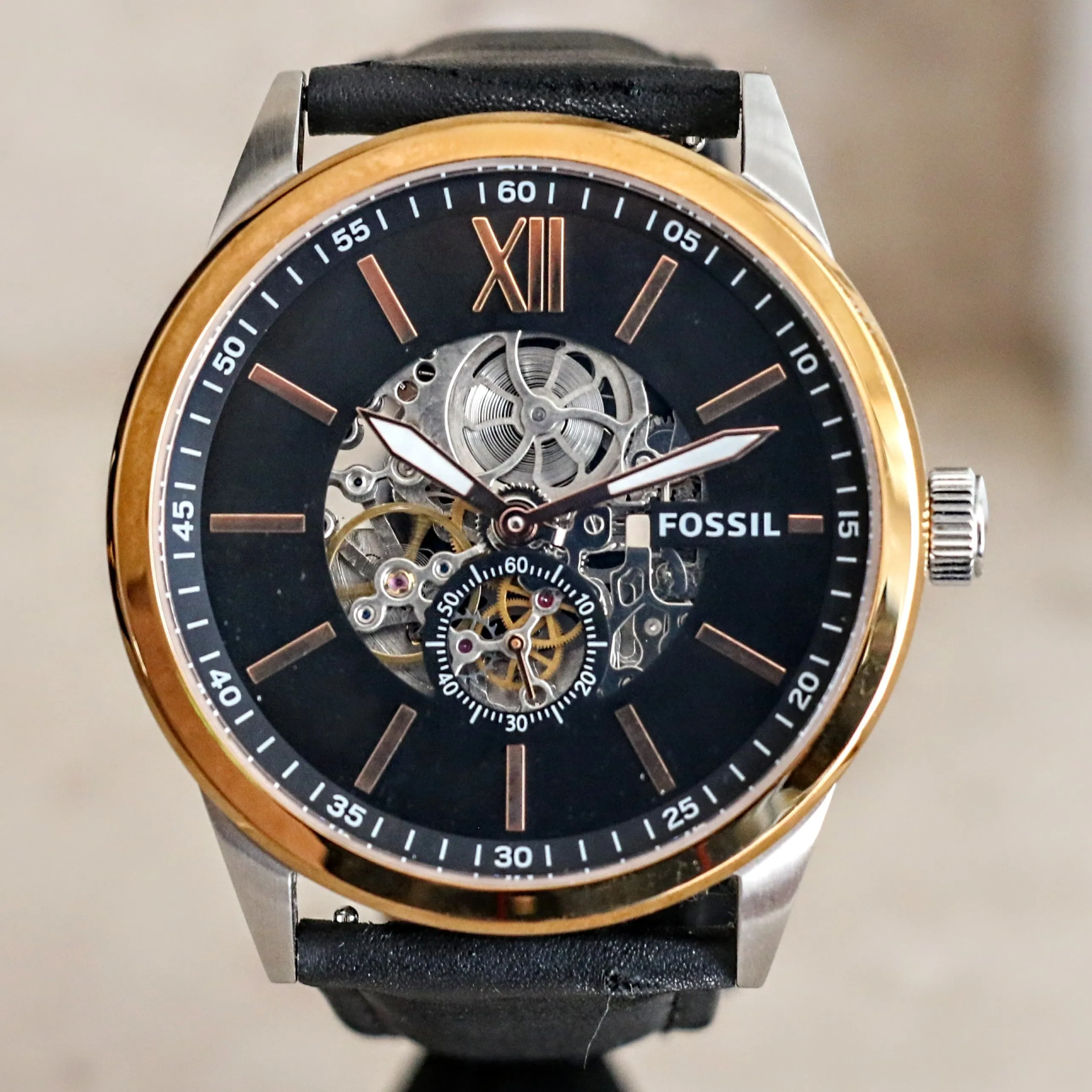 FOSSIL FLYNN Automatic Watch 22 Jewels 48mm Semi Skeleton Wristwatch Ref. BQ2216