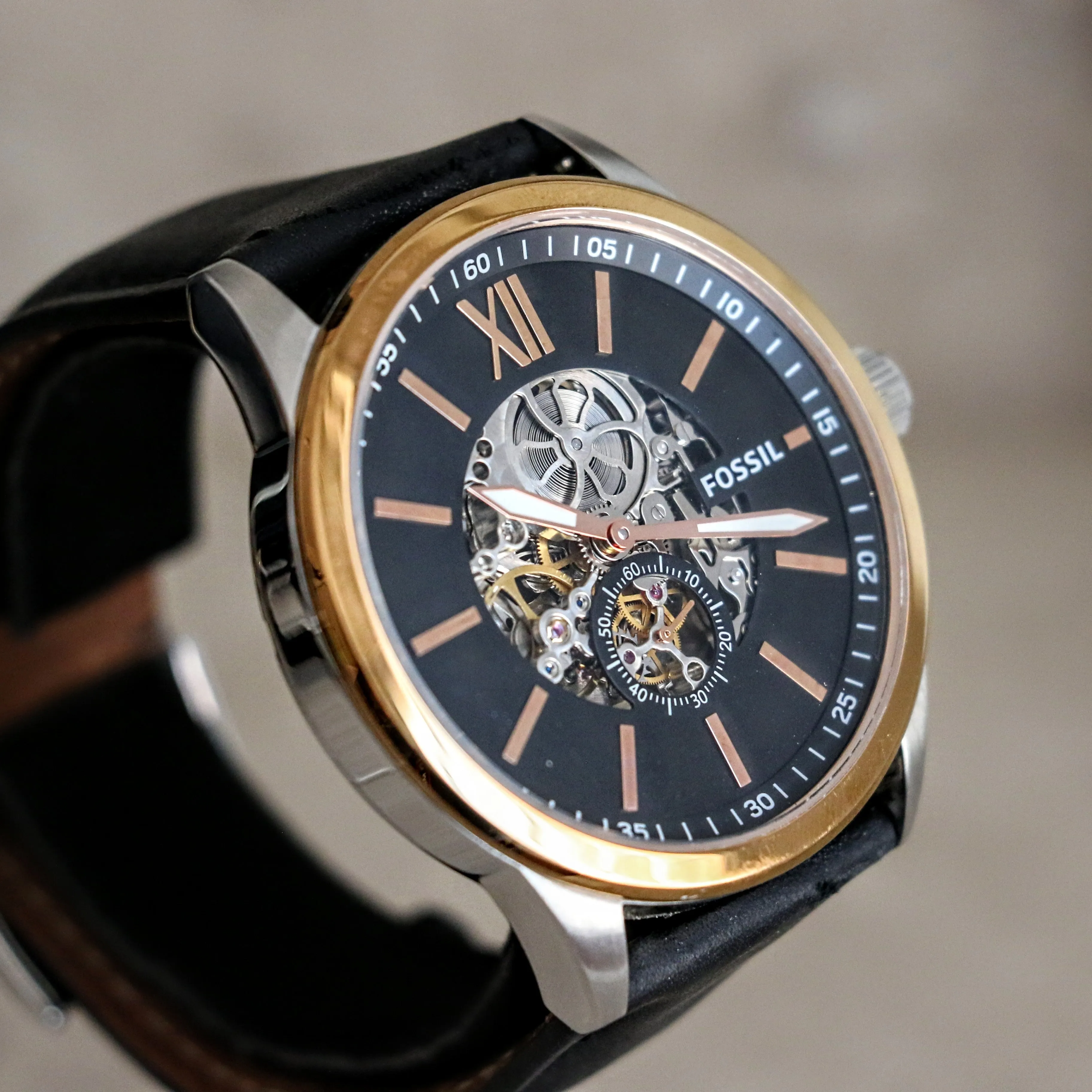 FOSSIL FLYNN Automatic Watch 22 Jewels 48mm Semi Skeleton Wristwatch Ref. BQ2216