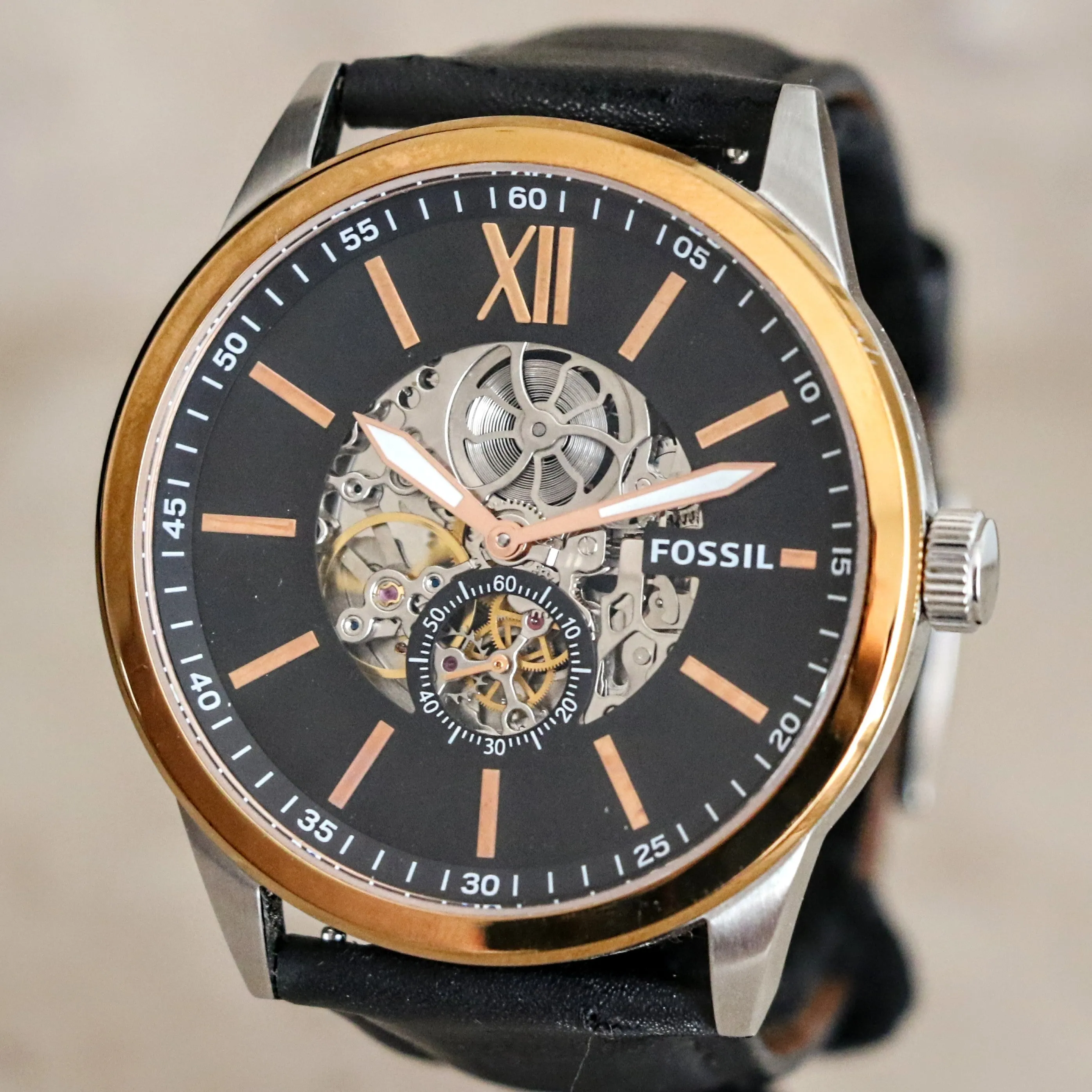 FOSSIL FLYNN Automatic Watch 22 Jewels 48mm Semi Skeleton Wristwatch Ref. BQ2216