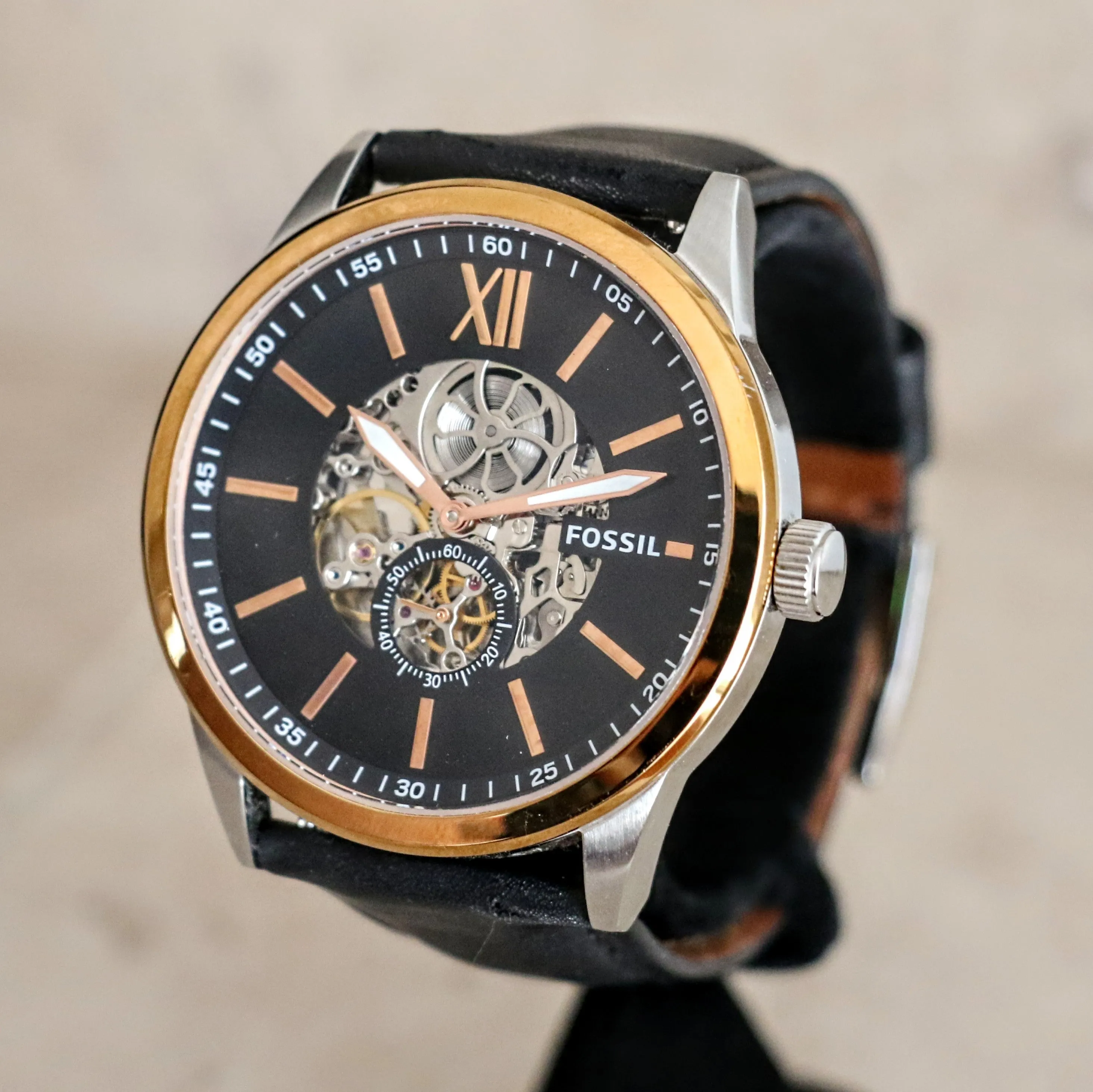 FOSSIL FLYNN Automatic Watch 22 Jewels 48mm Semi Skeleton Wristwatch Ref. BQ2216