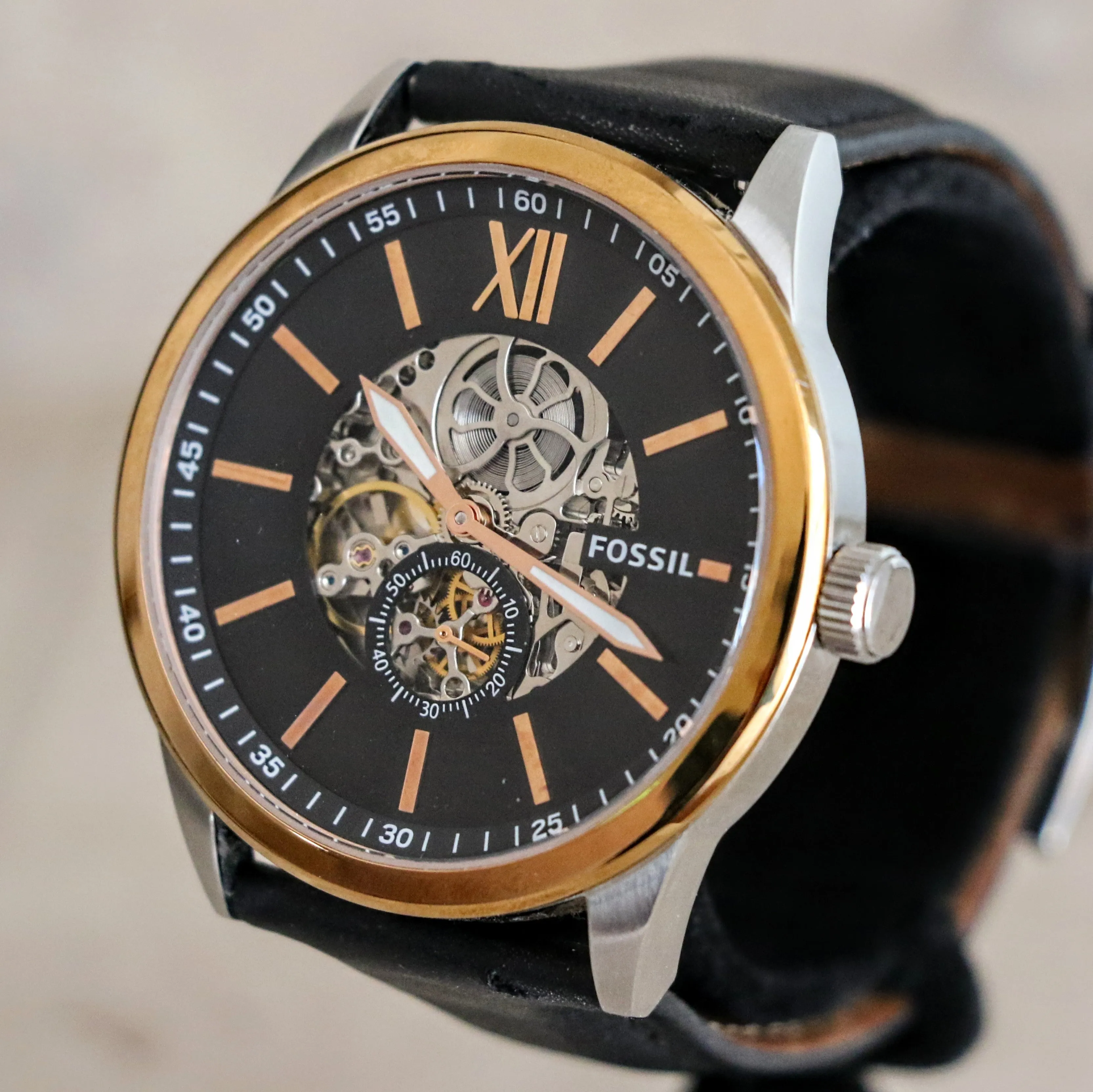 FOSSIL FLYNN Automatic Watch 22 Jewels 48mm Semi Skeleton Wristwatch Ref. BQ2216