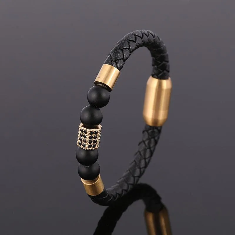 Hand-Woven Cowhide Leather Bracelet with Gold Clasp