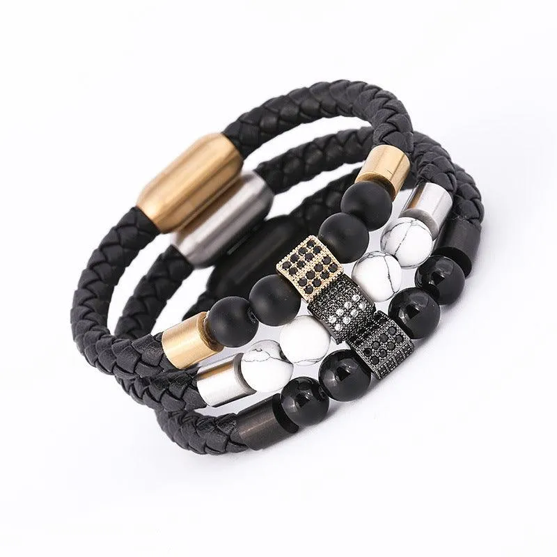 Hand-Woven Cowhide Leather Bracelet with Gold Clasp