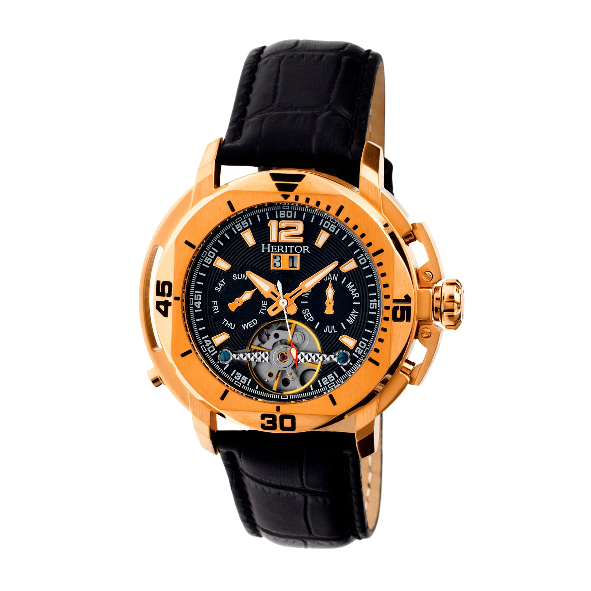 Heritor Automatic Lennon Semi-Skeleton Leather-Band Watch - Rose Gold/Black