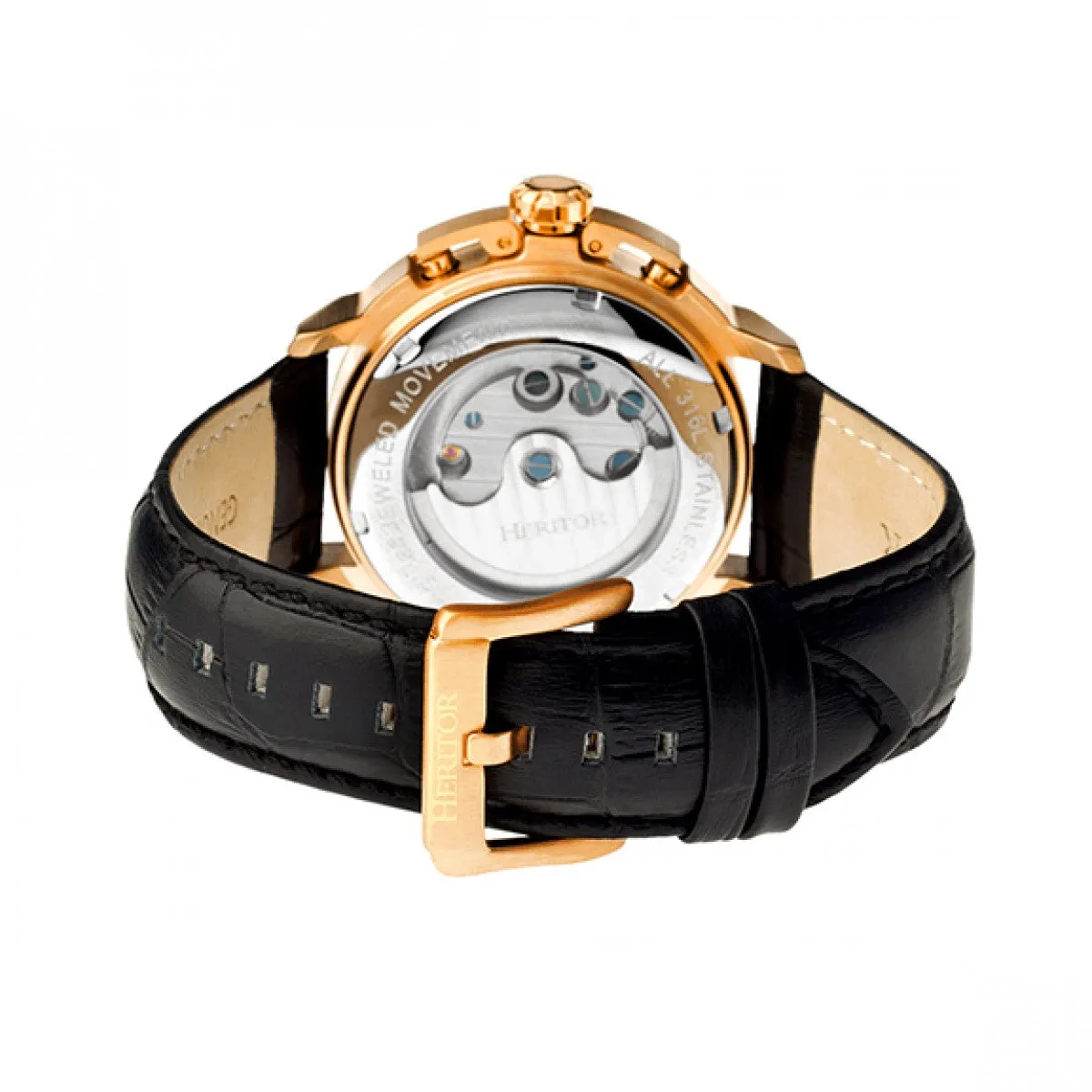 Heritor Automatic Lennon Semi-Skeleton Leather-Band Watch - Rose Gold/Black