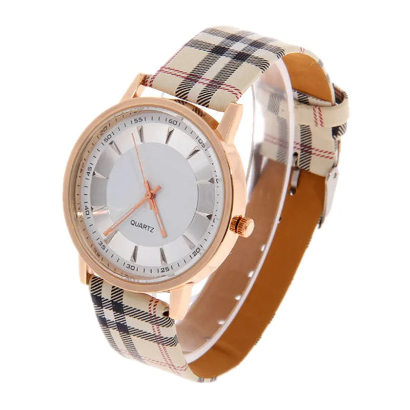 Hot Sale Fashion Gold Watch Plaid Leather Quartz Watch Women Watches Clock Ladies Wrist Watches