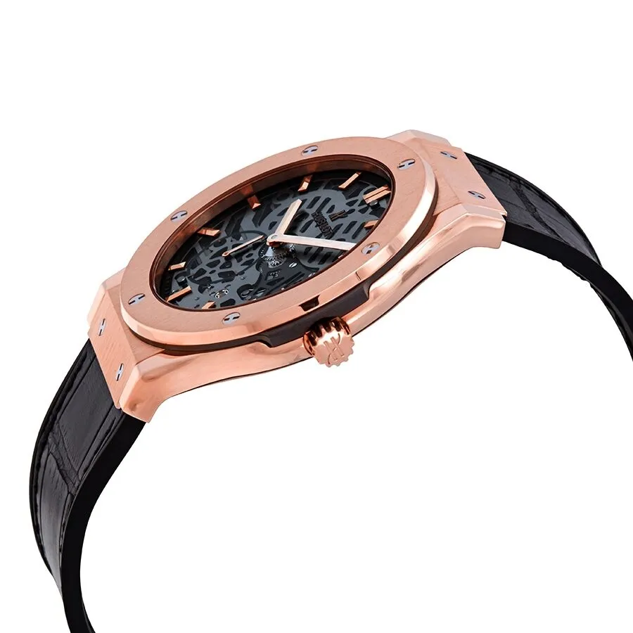 Hublot Classic Fusion 18kt Rose Gold Hand Wind Skeleton Dial Black Leather Men's Watch 515.OX.0180.LR