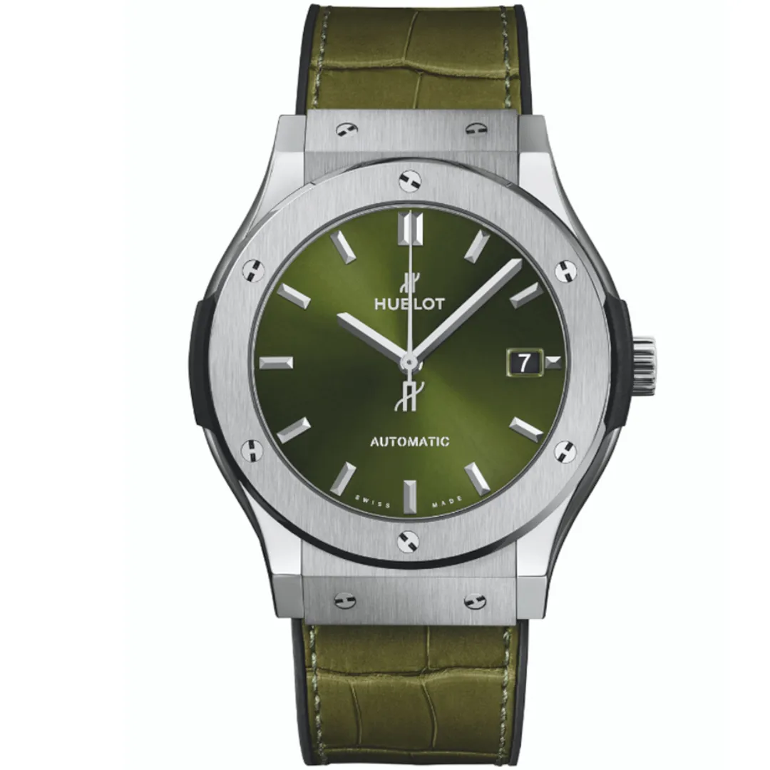 Hublot Classic Fusion 511.Nx.8970.Lr Olive Green Dial Automatic 45Mm Titanium Olive Green Straps Men’S Watch