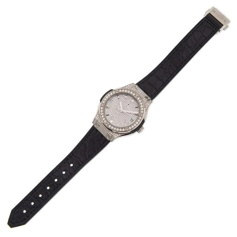 Hublot Classic Fusion Diamond Pave Dial Black Leather Band Titanium Case Men's Watch 581.NX.9010.LR.1704