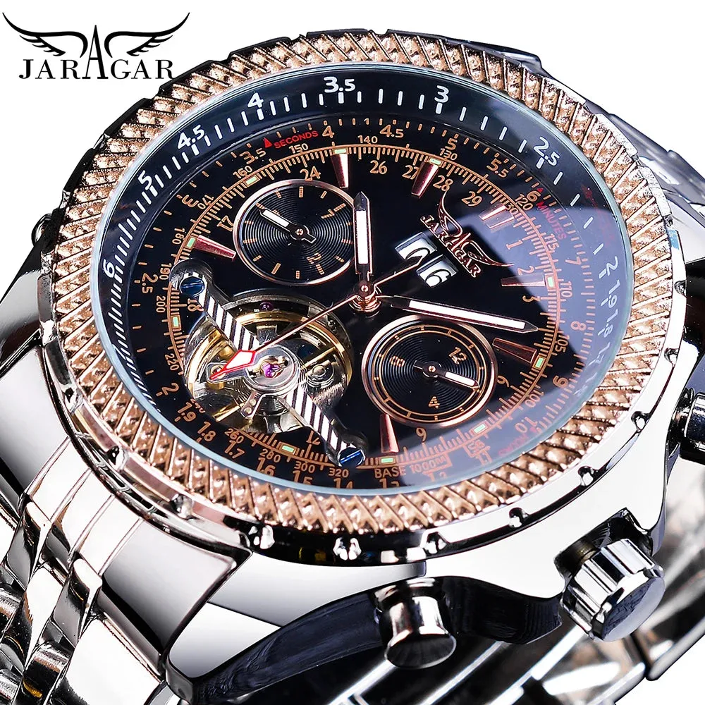 Jaragar Golden Stainless Steel Tourbillion Design Calendar Display Mens Watches Top Brand Luxury Automatic Mechanical Wristwatch