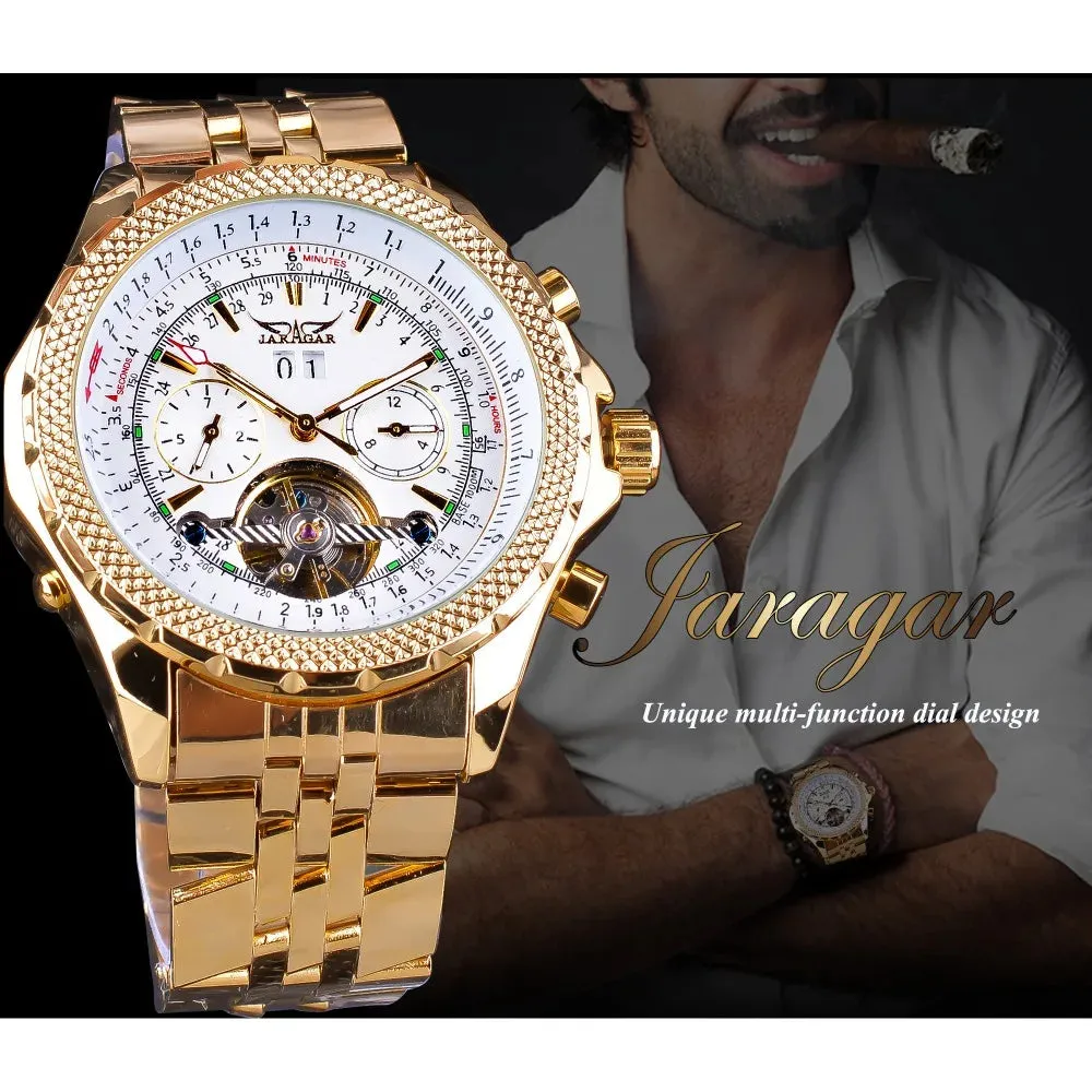 Jaragar Golden Stainless Steel Tourbillion Design Calendar Display Mens Watches Top Brand Luxury Automatic Mechanical Wristwatch