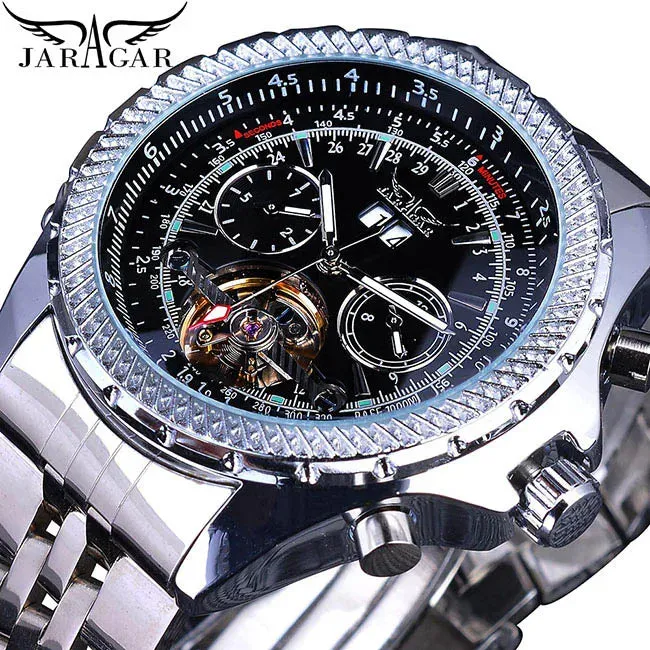 Jaragar Golden Stainless Steel Tourbillion Design Calendar Display Mens Watches Top Brand Luxury Automatic Mechanical Wristwatch