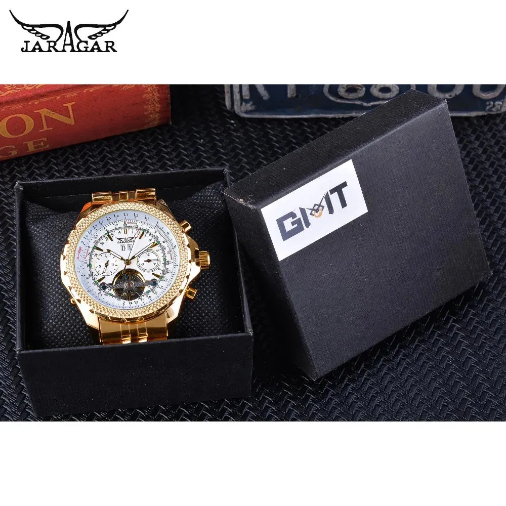 Jaragar Golden Stainless Steel Tourbillion Design Calendar Display Mens Watches Top Brand Luxury Automatic Mechanical Wristwatch