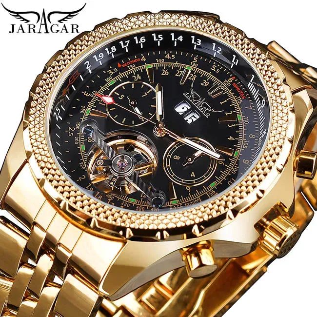 Jaragar Golden Stainless Steel Tourbillion Design Calendar Display Mens Watches Top Brand Luxury Automatic Mechanical Wristwatch