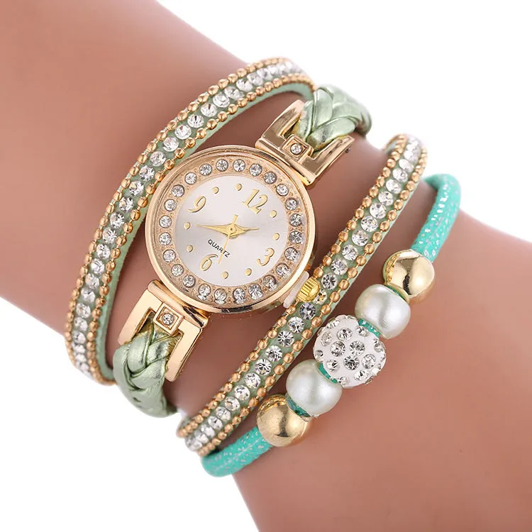 Leather bracelet Quartz luxury winding diamond wristwatch for women