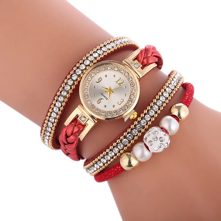 Leather bracelet Quartz luxury winding diamond wristwatch for women