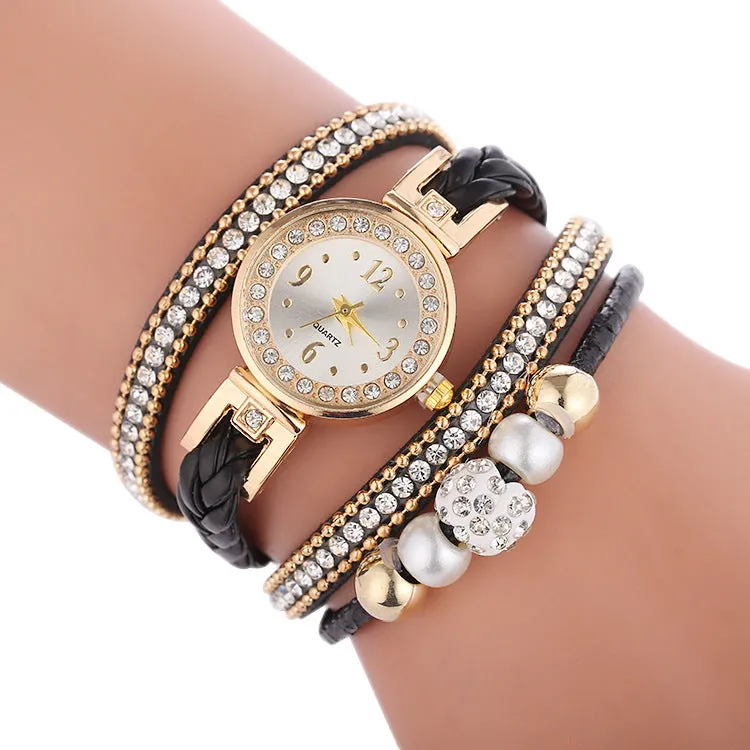 Leather bracelet Quartz luxury winding diamond wristwatch for women