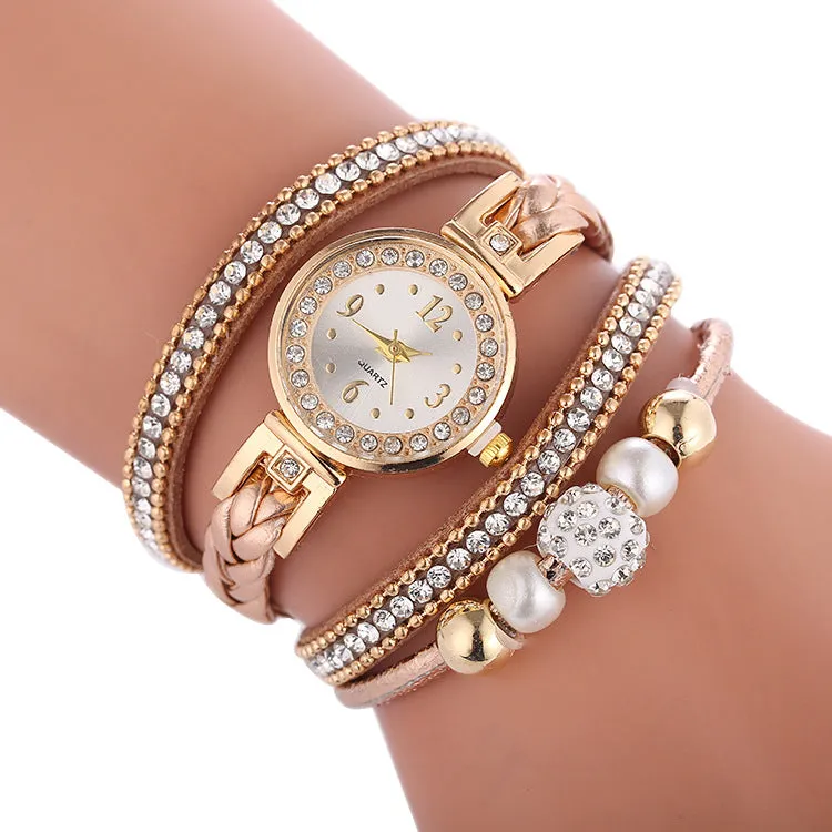 Leather bracelet Quartz luxury winding diamond wristwatch for women