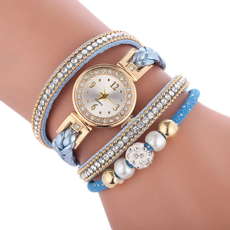 Leather bracelet Quartz luxury winding diamond wristwatch for women