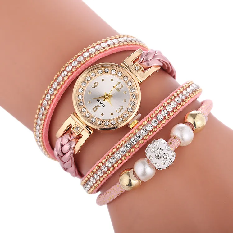 Leather bracelet Quartz luxury winding diamond wristwatch for women