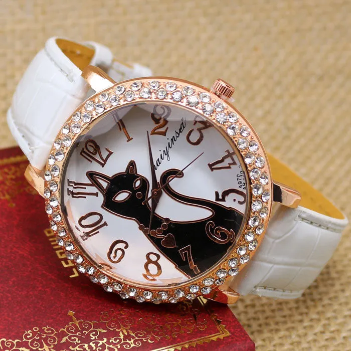 Lovely Black Crystal Cat Round Dial Quartz Watch Women Watch