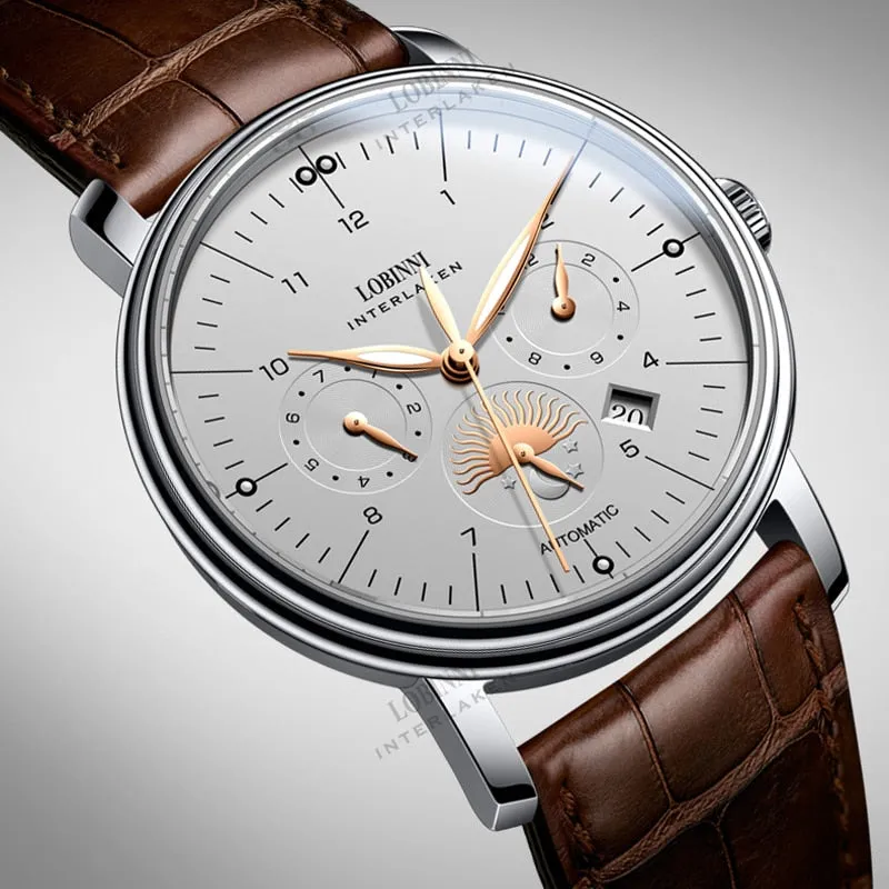 Luxury Brand Switzerland LOBINNI Men's Watches With Perpetual Calender and a Sapphire Leather