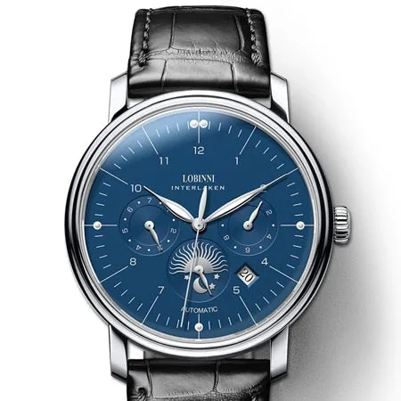 Luxury Brand Switzerland LOBINNI Men's Watches With Perpetual Calender and a Sapphire Leather