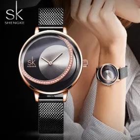 Luxury Rose Gold Women Watches Fashion Waterproof Rhinestone Lady Watch Elegant Unique SHENGKE Casual Stainless Steel Creative