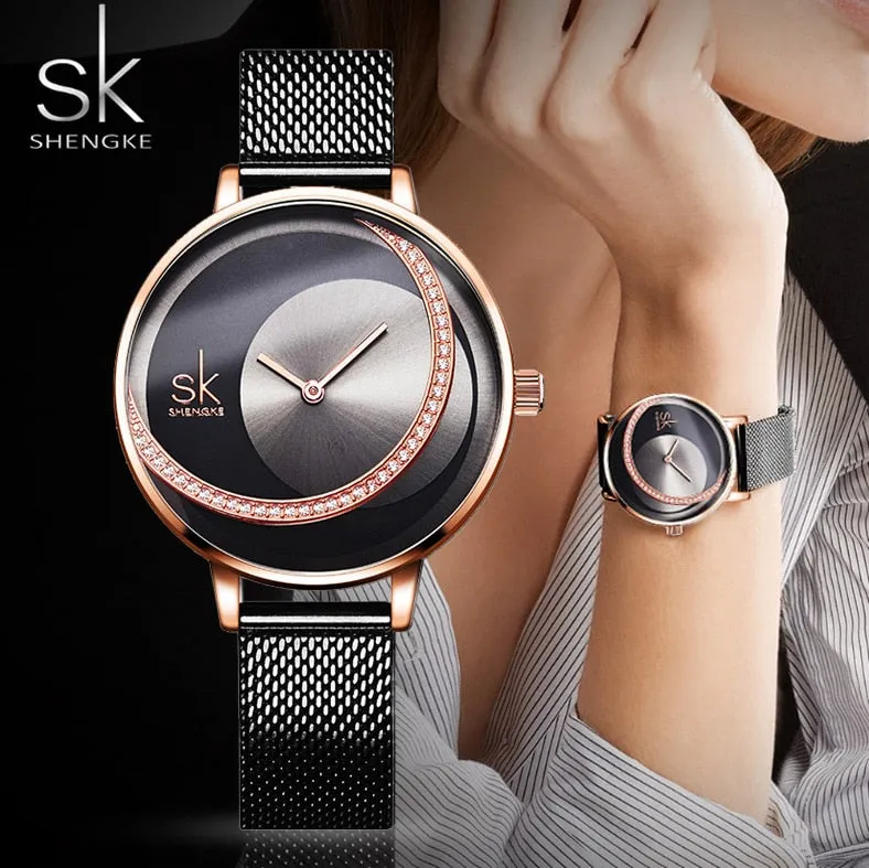 Luxury Rose Gold Women Watches Fashion Waterproof Rhinestone Lady Watch Elegant Unique SHENGKE Casual Stainless Steel Creative