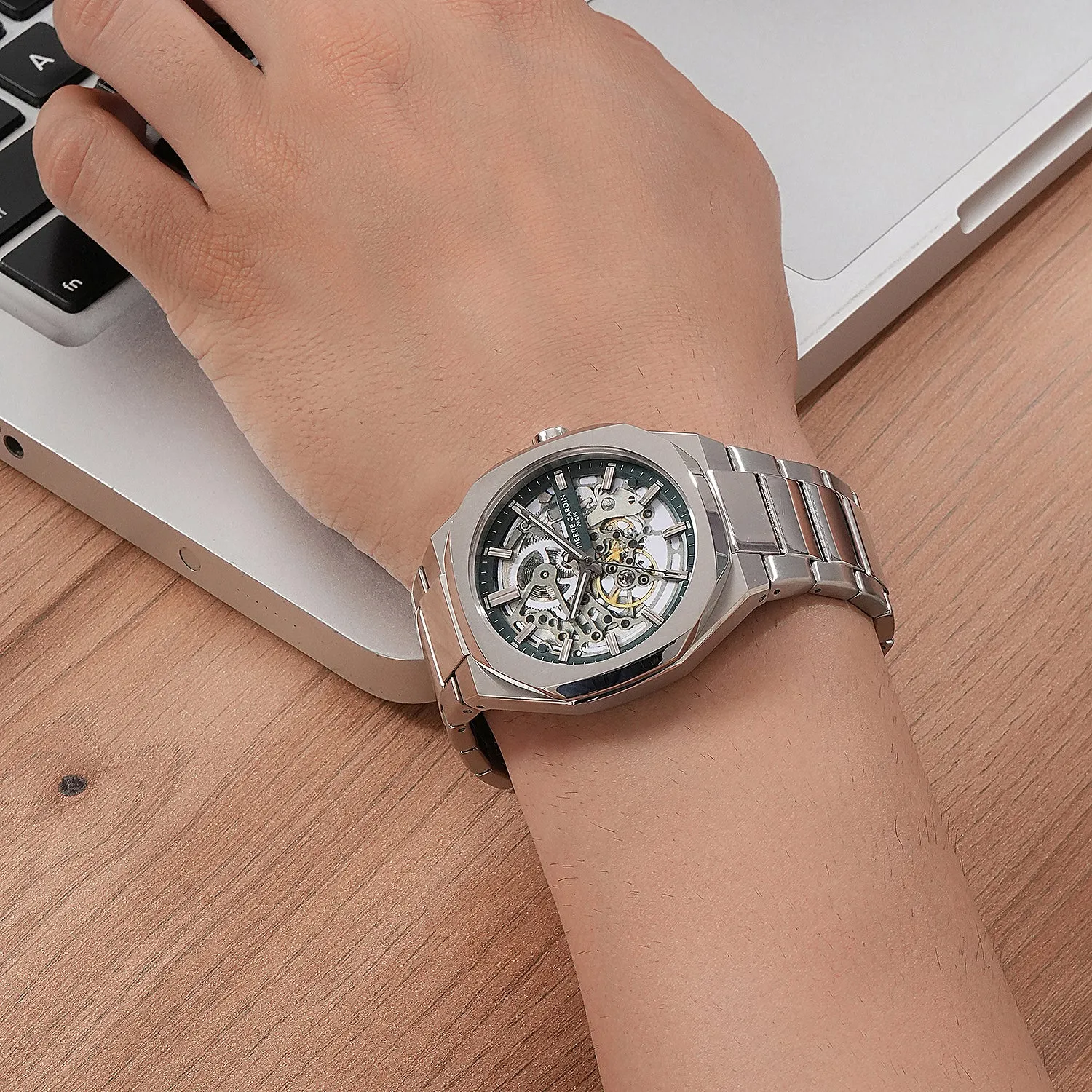 Élysée Automatique Men’s 42mm Skeleton Watch - Silver Case with Green Skeleton Dial and Silver Metal Strap