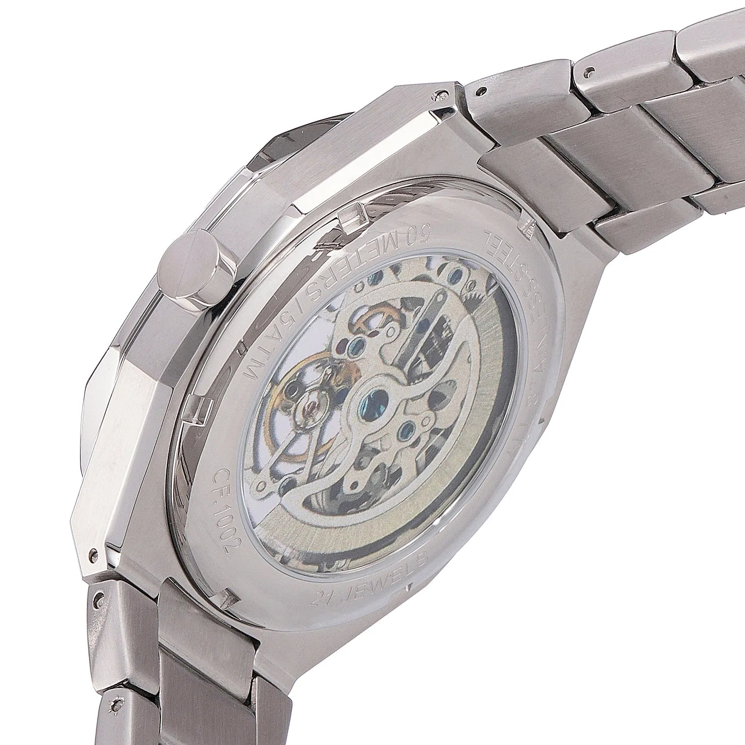 Élysée Automatique Men’s 42mm Skeleton Watch - Silver Case with Green Skeleton Dial and Silver Metal Strap