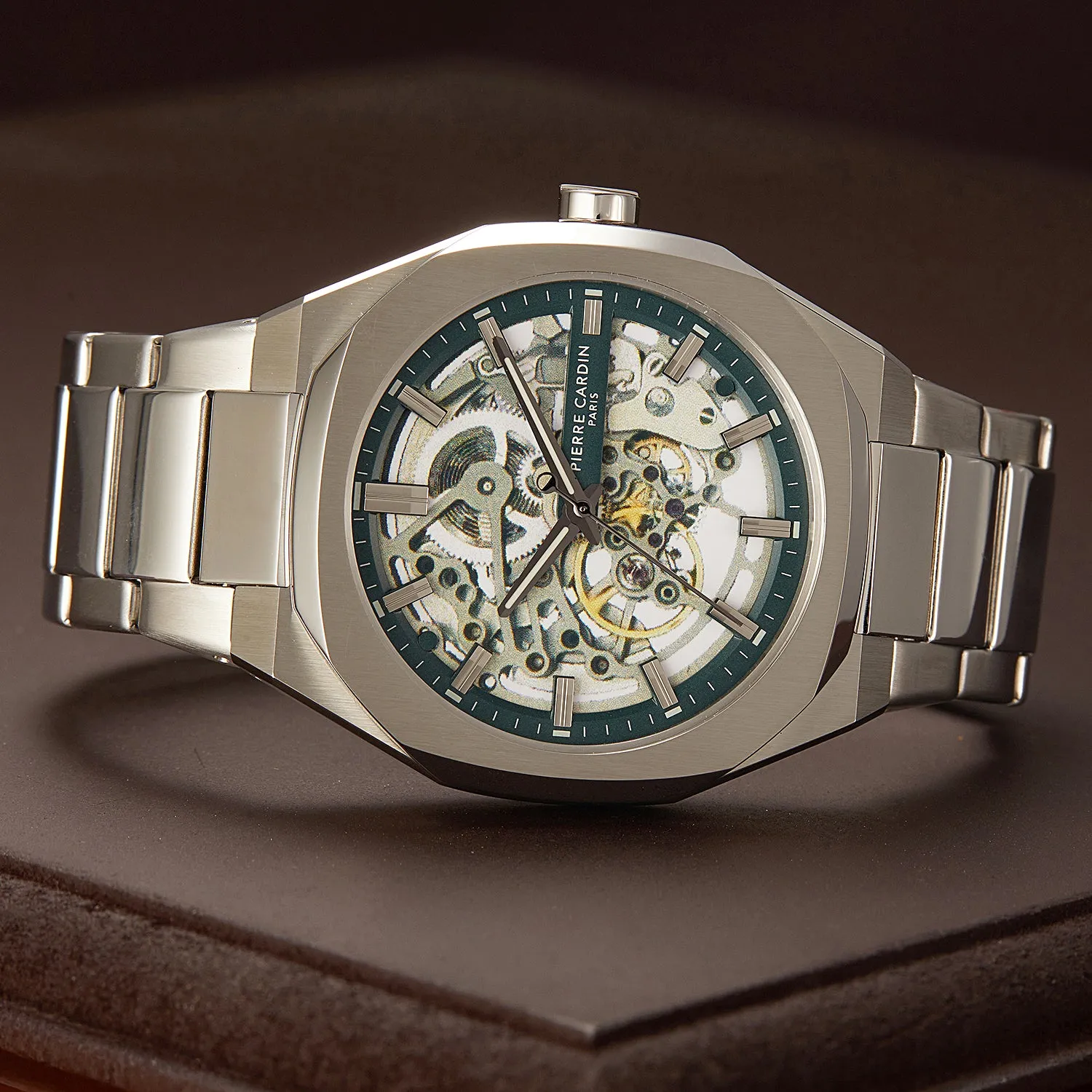 Élysée Automatique Men’s 42mm Skeleton Watch - Silver Case with Green Skeleton Dial and Silver Metal Strap