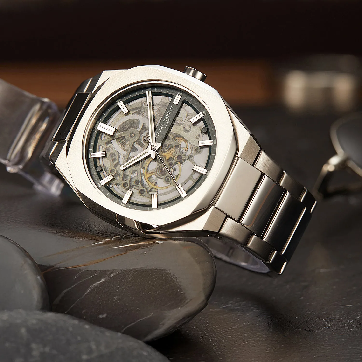 Élysée Automatique Men’s 42mm Skeleton Watch - Silver Case with Green Skeleton Dial and Silver Metal Strap