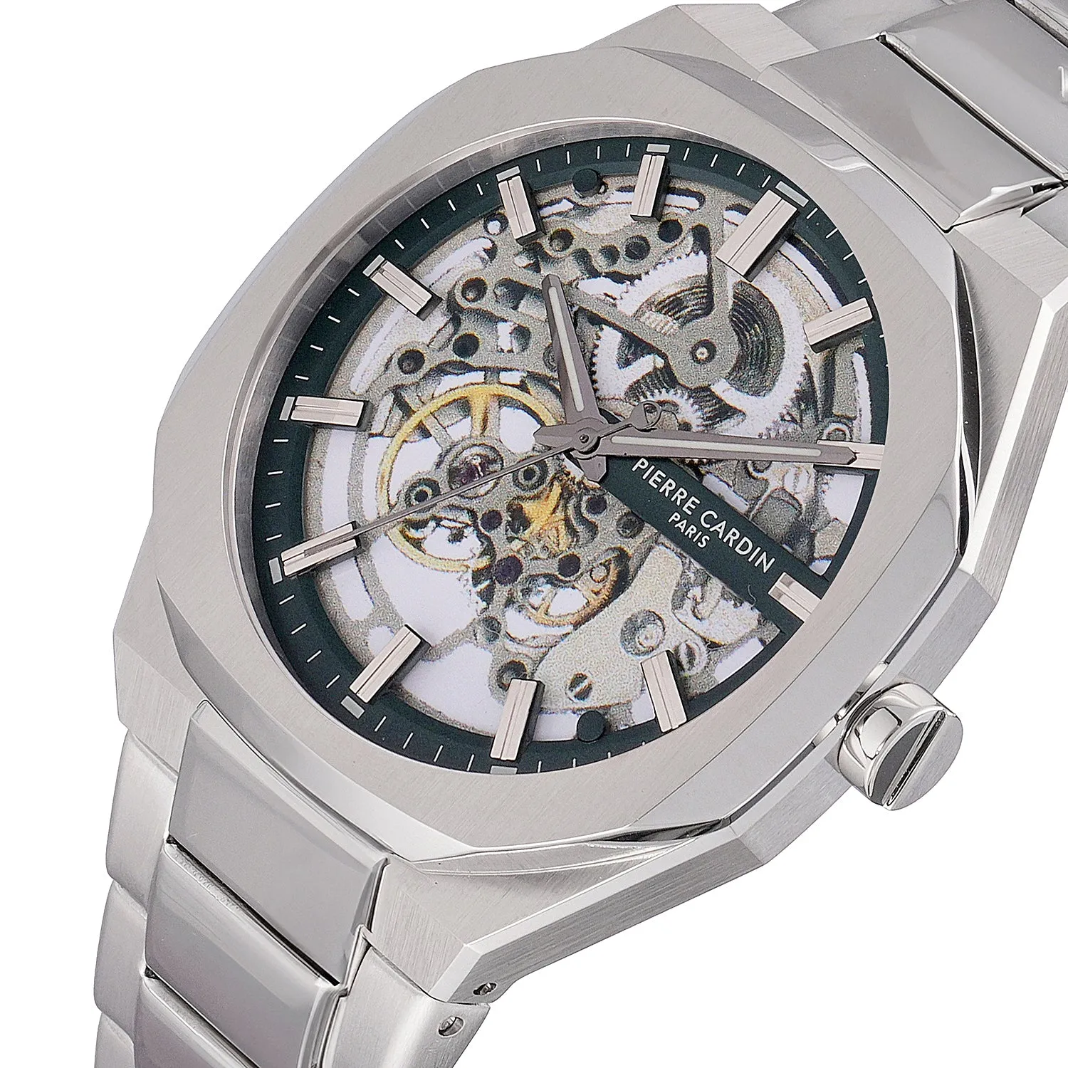 Élysée Automatique Men’s 42mm Skeleton Watch - Silver Case with Green Skeleton Dial and Silver Metal Strap