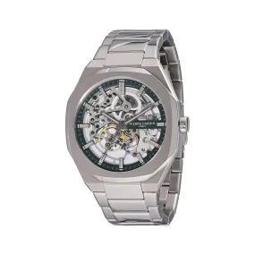 Élysée Automatique Men’s 42mm Skeleton Watch - Silver Case with Green Skeleton Dial and Silver Metal Strap