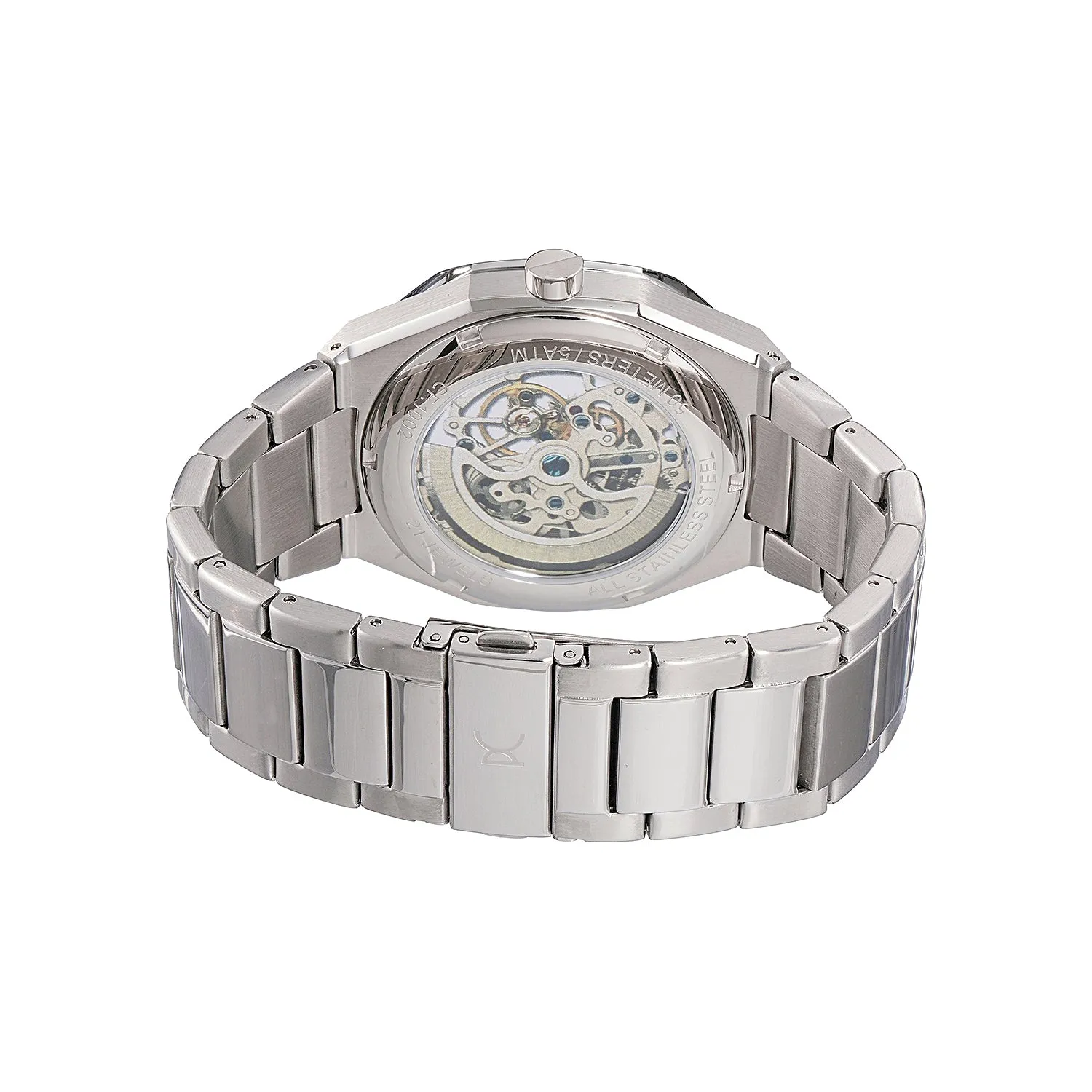 Élysée Automatique Men’s 42mm Skeleton Watch - Silver Case with Green Skeleton Dial and Silver Metal Strap