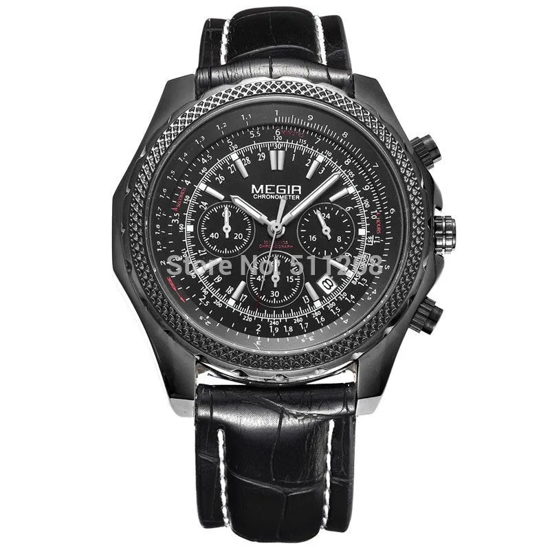 MEGIR CHRONOGRAPH 24 Hours Military Army Watch Men Sport Watches Genuine Leather Luxury Brand Quartz Watches