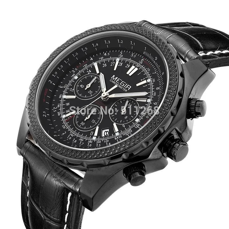 MEGIR CHRONOGRAPH 24 Hours Military Army Watch Men Sport Watches Genuine Leather Luxury Brand Quartz Watches