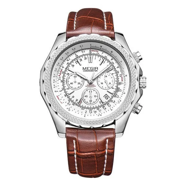 MEGIR CHRONOGRAPH 24 Hours Military Army Watch Men Sport Watches Genuine Leather Luxury Brand Quartz Watches