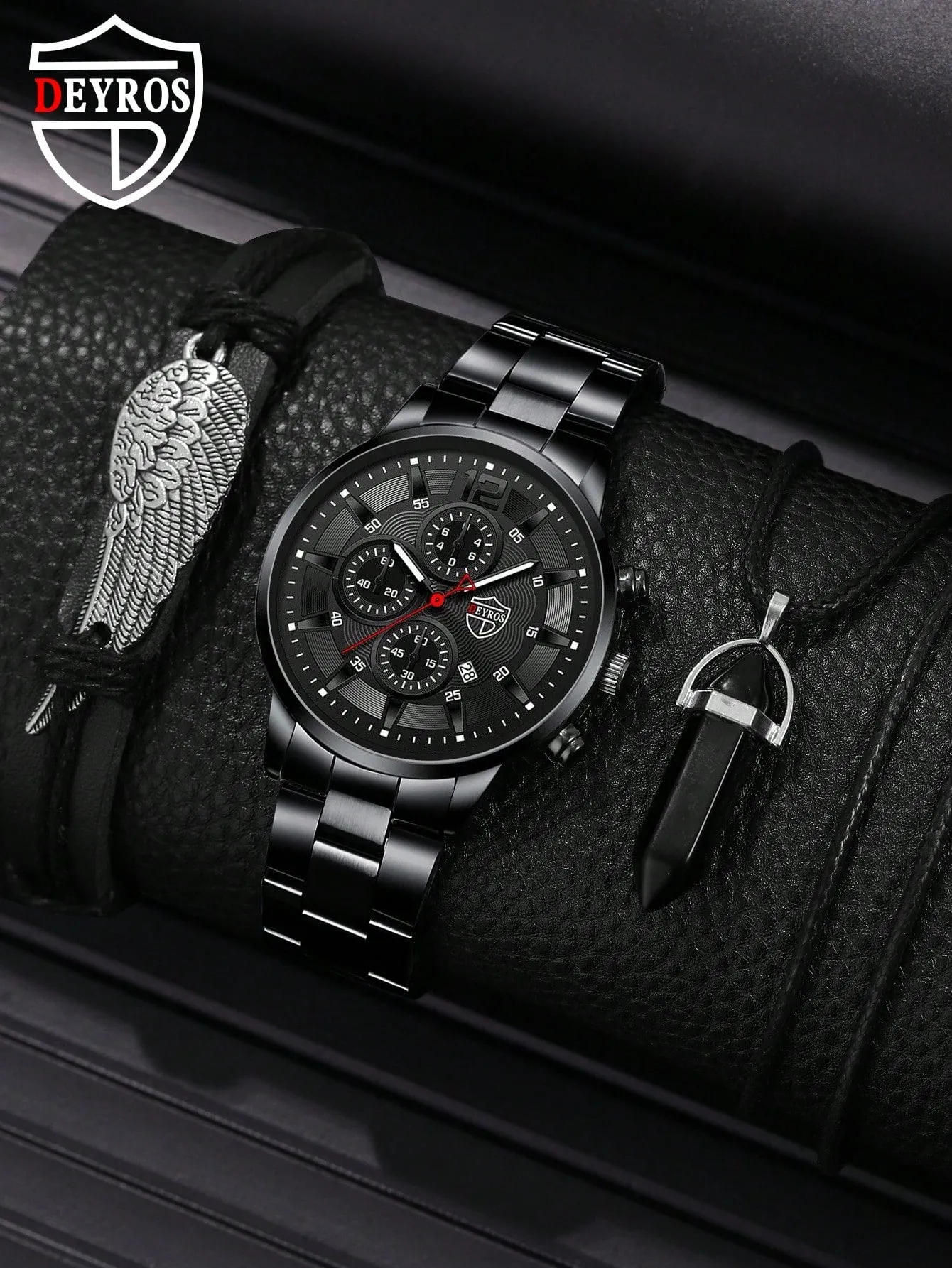 Men Round Pointer Quartz Watch & 2pcs Jewelry Set