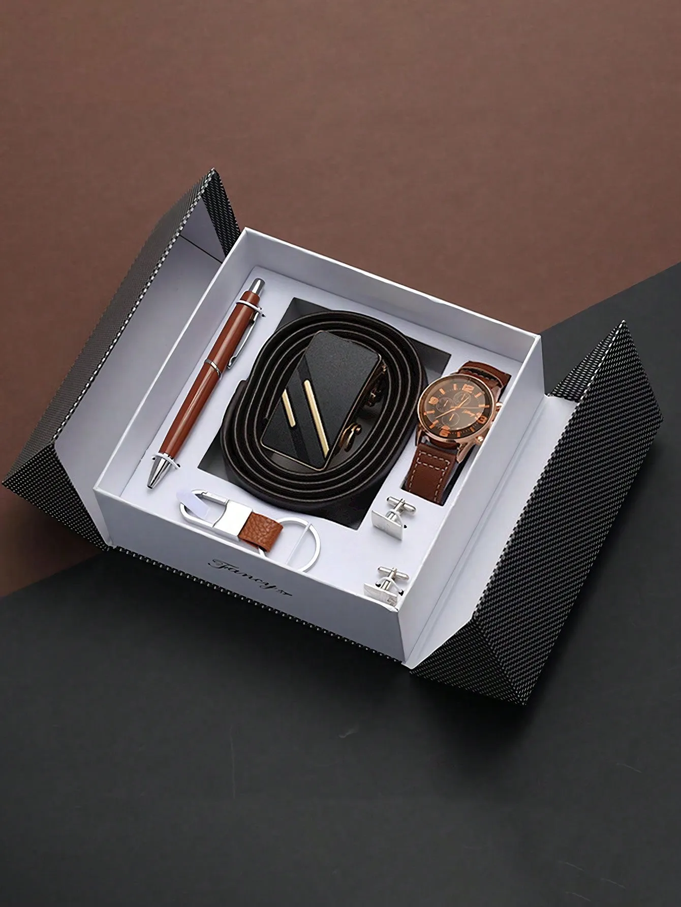Men's Gift Set with Box Leather Belt cuff-link Watch Keychain Ballpoint 6pcs