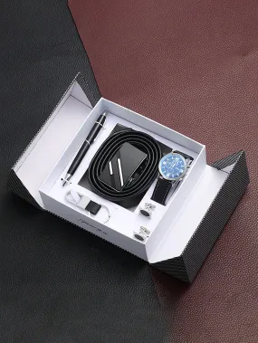 Men's Gift Set with Box Leather Belt cuff-link Watch Keychain Ballpoint 6pcs